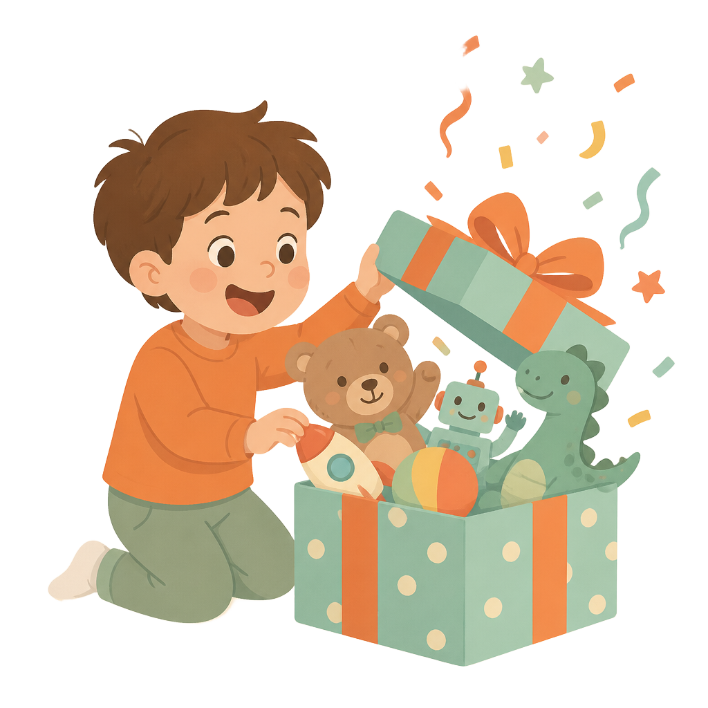 A child lifting the lid off a toy box as toys and confetti pop out