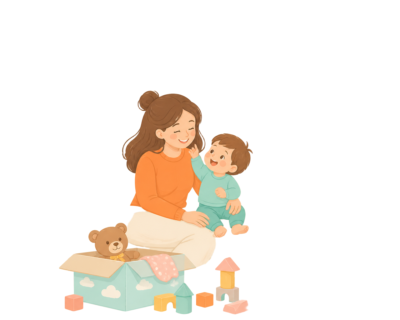 A parent and toddler playing beside an open toy box filled with wooden toys